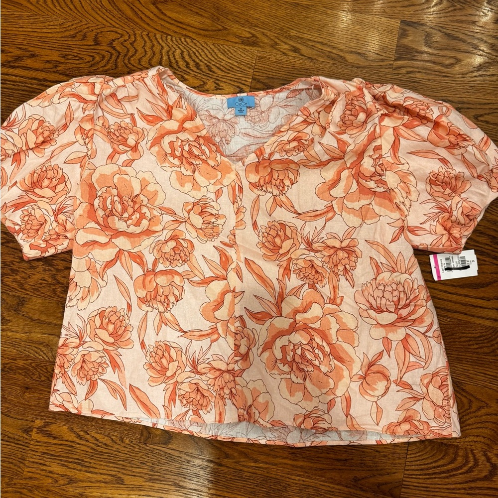 CeCe Peach Floral V-Neck Blouse